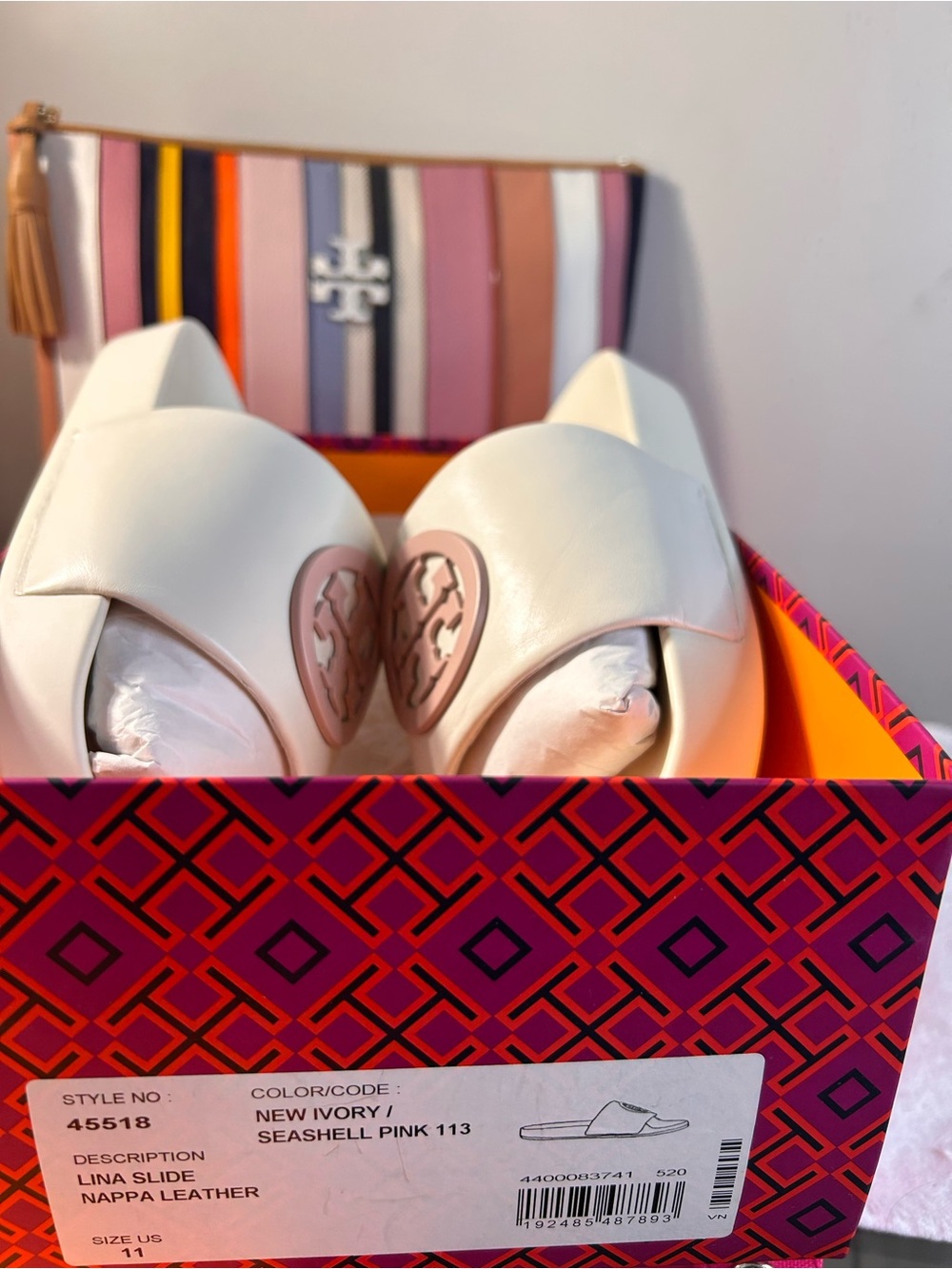 Tory Burch White Slide Sandals with Pink Logo and Striped Wristlet - Picture 6 of 16
